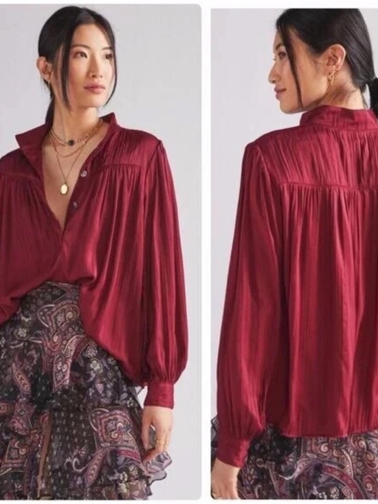 Anthropologie Tops - Anthropologie Burgundy Pleated Relaxed Shimmer Blouse Small Office Chic NEW NWT